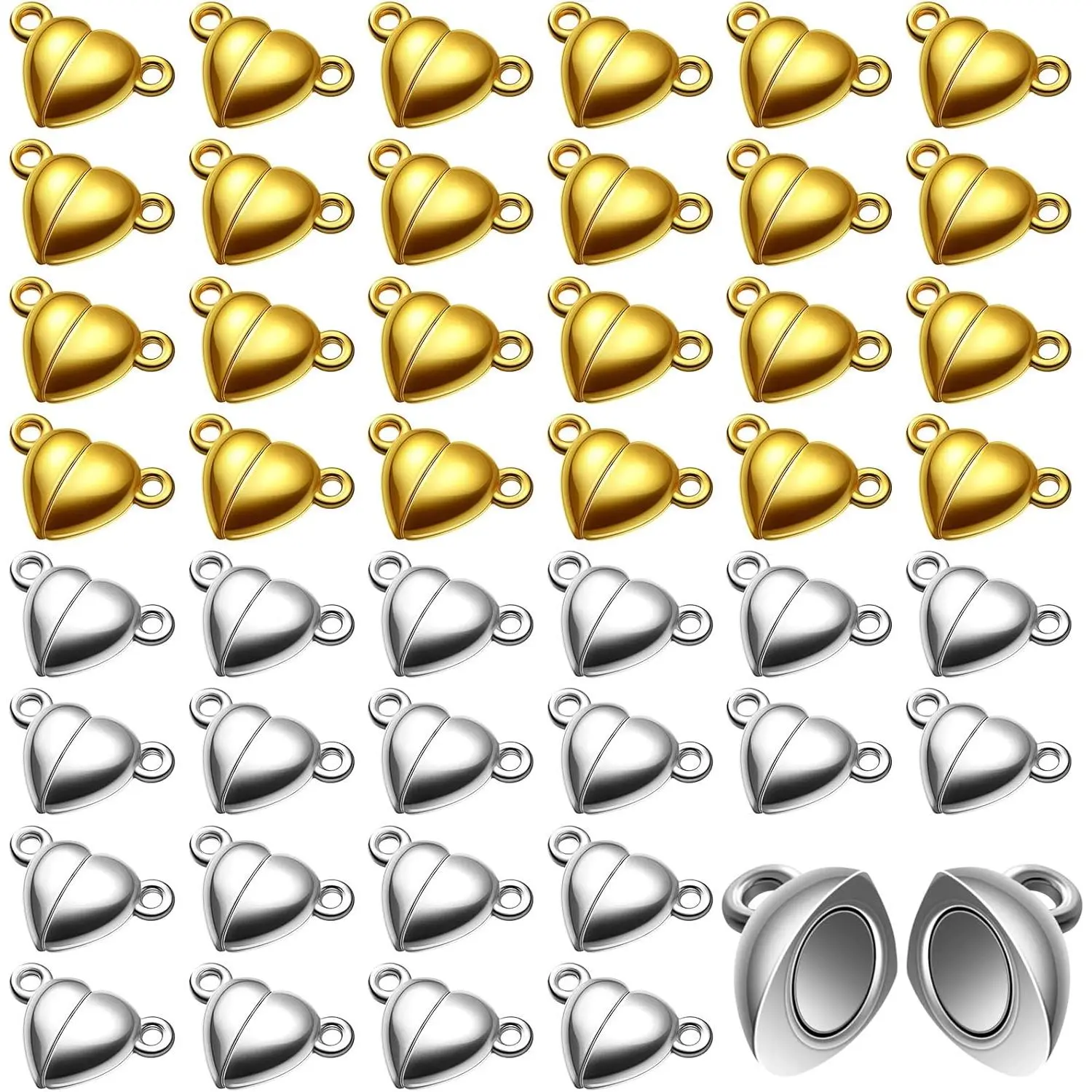 48 Pieces Heart Shaped Magnetic Clasps for Jewelry Gold Silver Bracelet Clasps Closures Magnetic Breakaway Converter for Bracelet Necklace DIY Making Wedding Jewelry Accessories