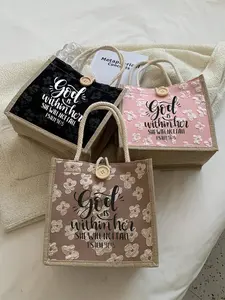 Simple Print Linen Handbag, Ideal Travel Vacation Gift, Button Decorated Shopping Bag, Reusable Dual Handles, Perfect for Weddings Birthdays Beach Holidays