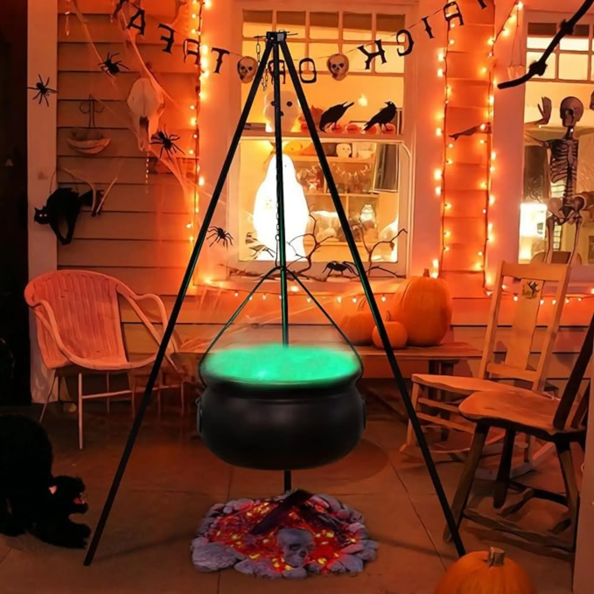 Halloween Decorations Outdoor  - Large Witches Cauldron on Tripod with Lights - Halloween Party Decorations - Black Plastic Bowl Decor