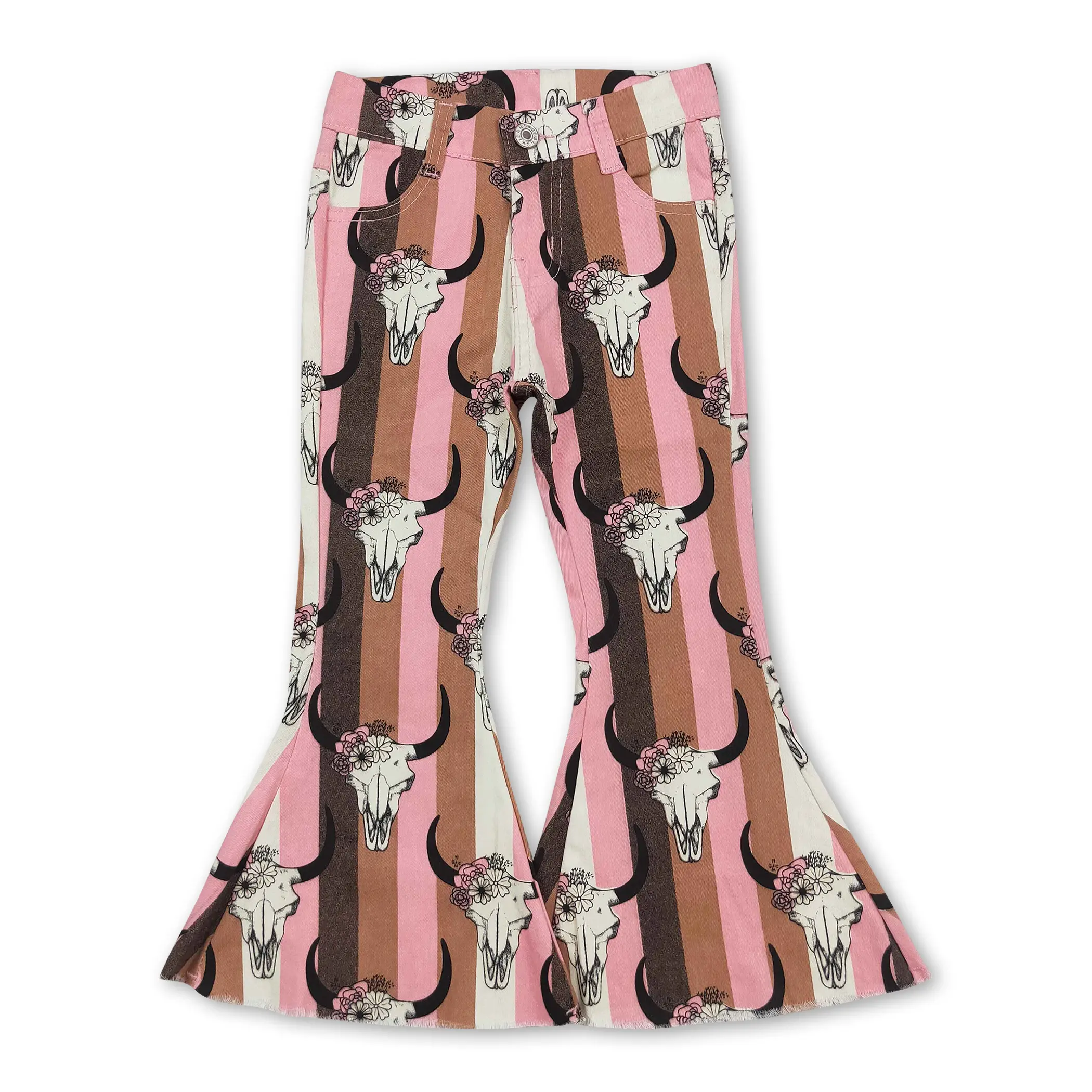 Girls' Western Flared Jeans in Stretchy Denim, Cow Skull Floral Print, Mid-Waist Casual Comfy Fit for Toddlers & Kids, Casual Comfy Pants