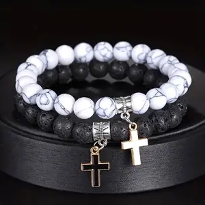 Agate Volcanic Stone Cross Pendant Bracelet, High-End Couple Bracelet, Perfect Gift for Christmas & Thanksgiving, Religious Jewelry Gift