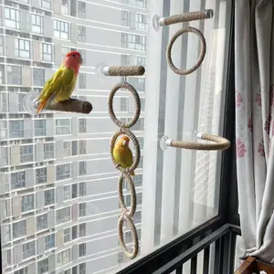 Multifunctional Rope Bird Perch Stand, Suction Cup Installation on Glass, Parrot Air Perch, Swing and U-Shaped Stand, Multi-Purpose Bird Fitness Rack Home