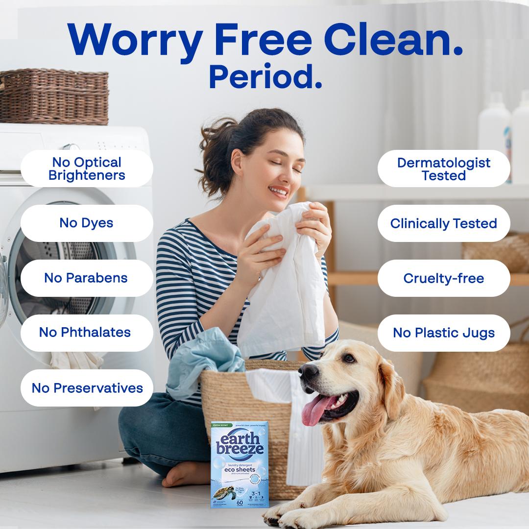 Earth Breeze Eco-Friendly Laundry Detergent Sheets: Fresh Scent, Plastic-Free, 60 Loads, Hypoallergenic, Powerful Clean