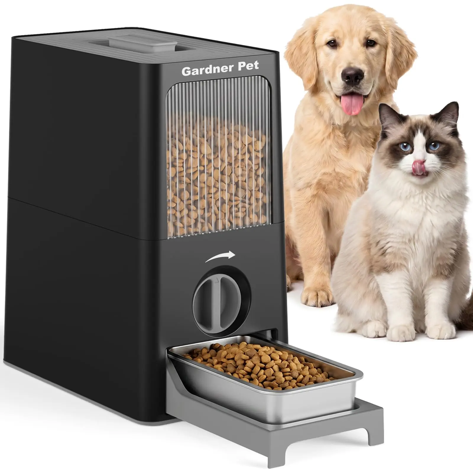Gardner Pet Food Storage Container & Manual Feeding Feeder Two-in-One Set, 7 lbs Large Capacity with Movable Drawer Base & 304 Stainless Steel Bowls for Dogs, Cats.