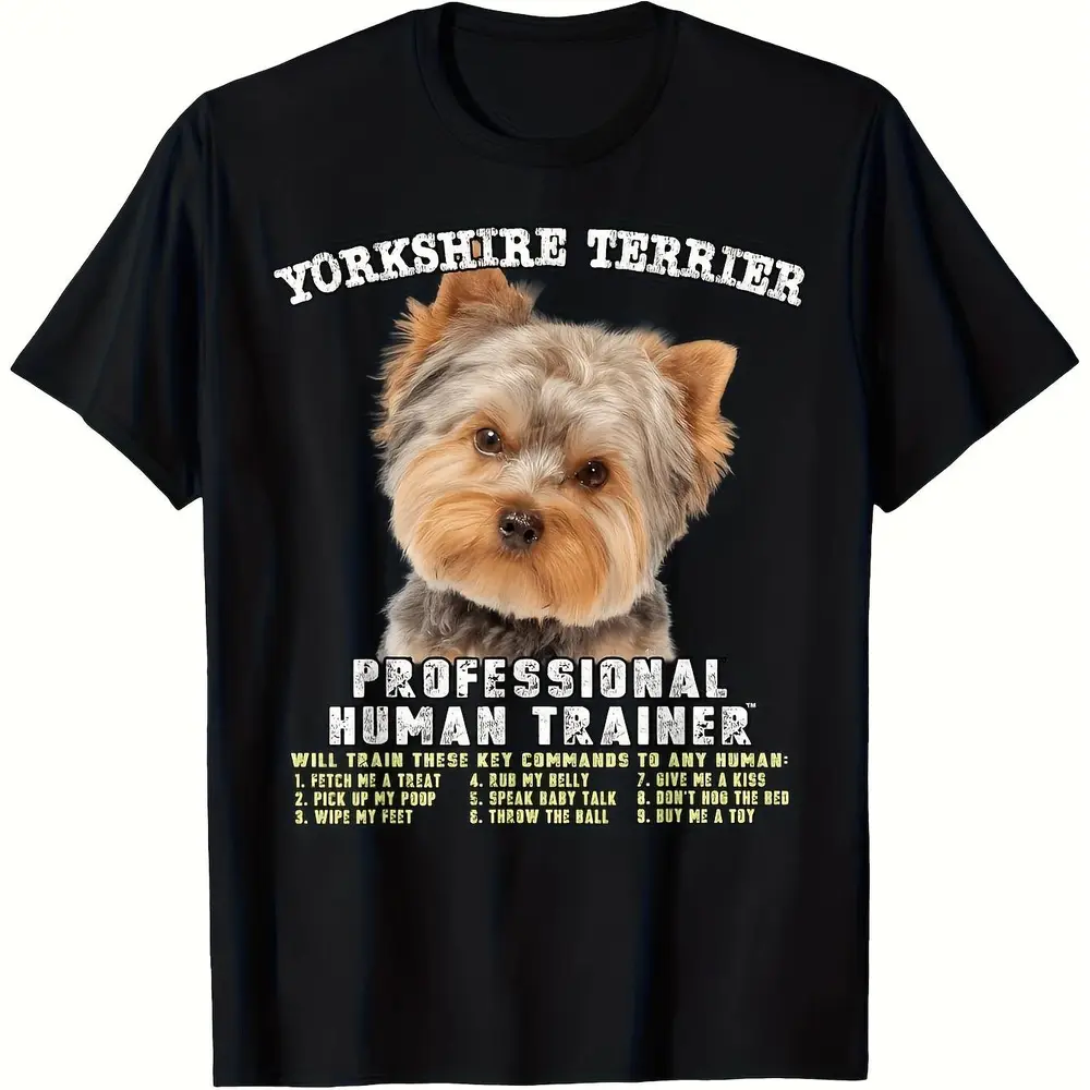 Men's Casual Classic Yorkie Print T-Shirt - Soft, Breathable Top for Professional Dog Trainers with Cute Yorkshire Terrier Design