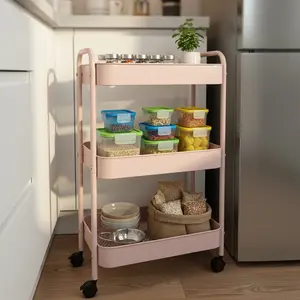 3-Tier Rolling Utility Cart with Wheels, Space-Saving Storage Organizer for Kitchen,Bathroom,Office and Dorm, Easy Assembly，Pink and white Steel