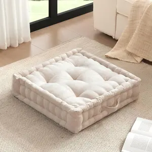 Intelligent Design Large Floor Pillow for Adults Yoga or Meditation Cushion with Handle, Floor Cushion for Board Games, Lustrous Chenille Tufted, Handsewn Scalloped Edge, 24" x 24" x 5" Ivory