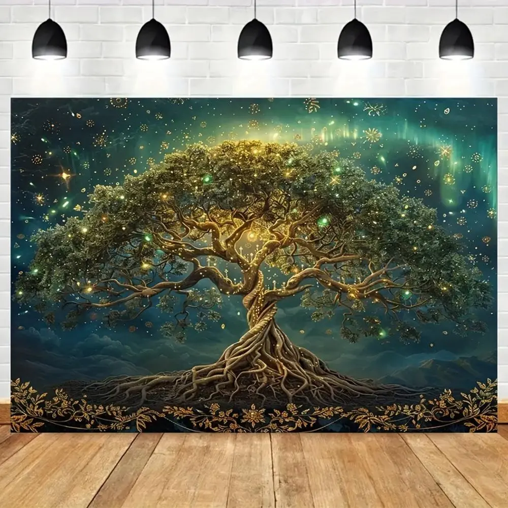 Extra Large Polyester Tree Print Photography Backdrop - Dark Teal to Navy Night Sky, Golden Roots, Glowing Green Leaves, Stars, Ethereal Lights, Spiritual Mandala Wall Hanging Banner for Weddings, Happy Birthday, Ceremony, Christmas Event Decor
