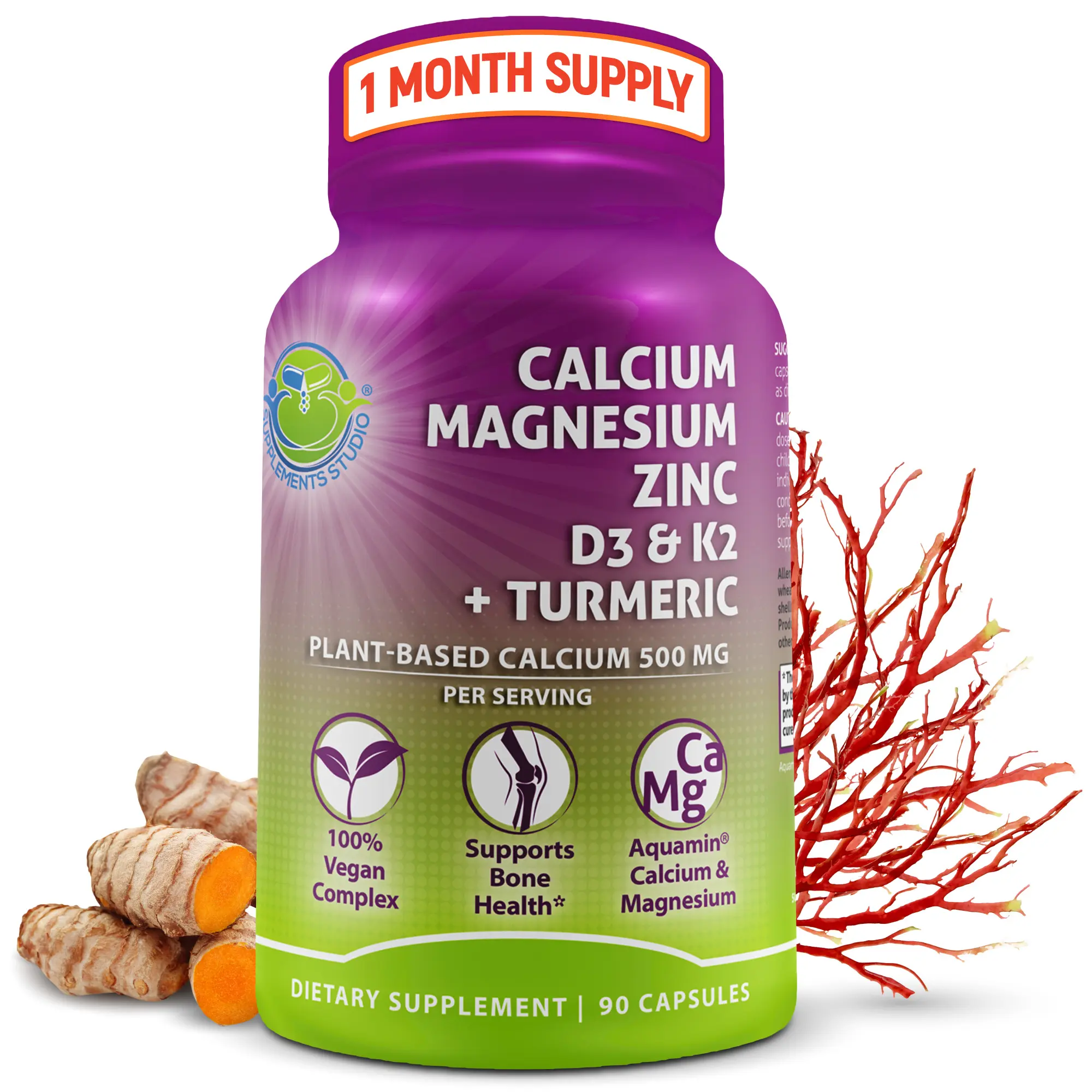 SUPPLEMENTS STUDIO Plant-Based Calcium 500mg (Aquamin) - Vegan Calcium with Magnesium, Zinc, Vitamin D3, K2 & Organic Turmeric - Supports Bone Health & Muscle Function - Easy to  Swallow