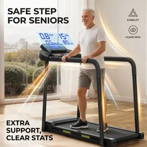 Walking Pad Treadmill with Long Handrails for Seniors Foldable Exercise Machine Stable Design for Elderly with 300 Lbs Capacity Large LED Display Portable Walking Mat for Home Safety Recovery and Fitness Workout