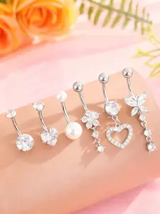 6pcs Stainless Steel Imitation Butterfly Hollow Heart-Shaped Belly Button Ring Pendant Set | Ladies Synthetic Zirconia Inlaid Belly Piercing Jewelry Navel Piercing Jewelry Body Jewelry for Daily Wear