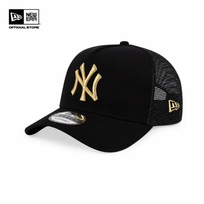 Black NY Mesh Baseball Cap with Gold Embroidery - Adjustable Trucker Hat for Men & Women