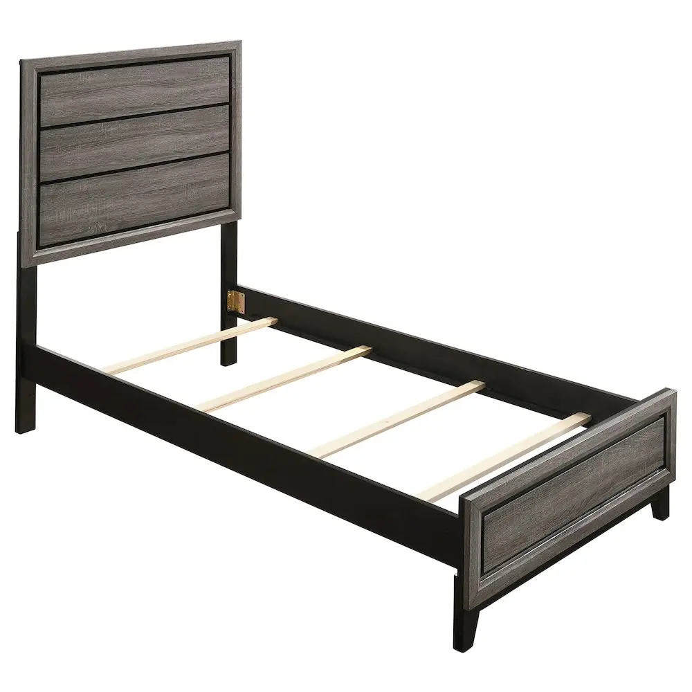Watson Durable Twin Panel Wood Bed Frame, Grey Oak Finish, Recessed Design, Transitional Style, Indoor Furniture for Various Bedroom Sizes