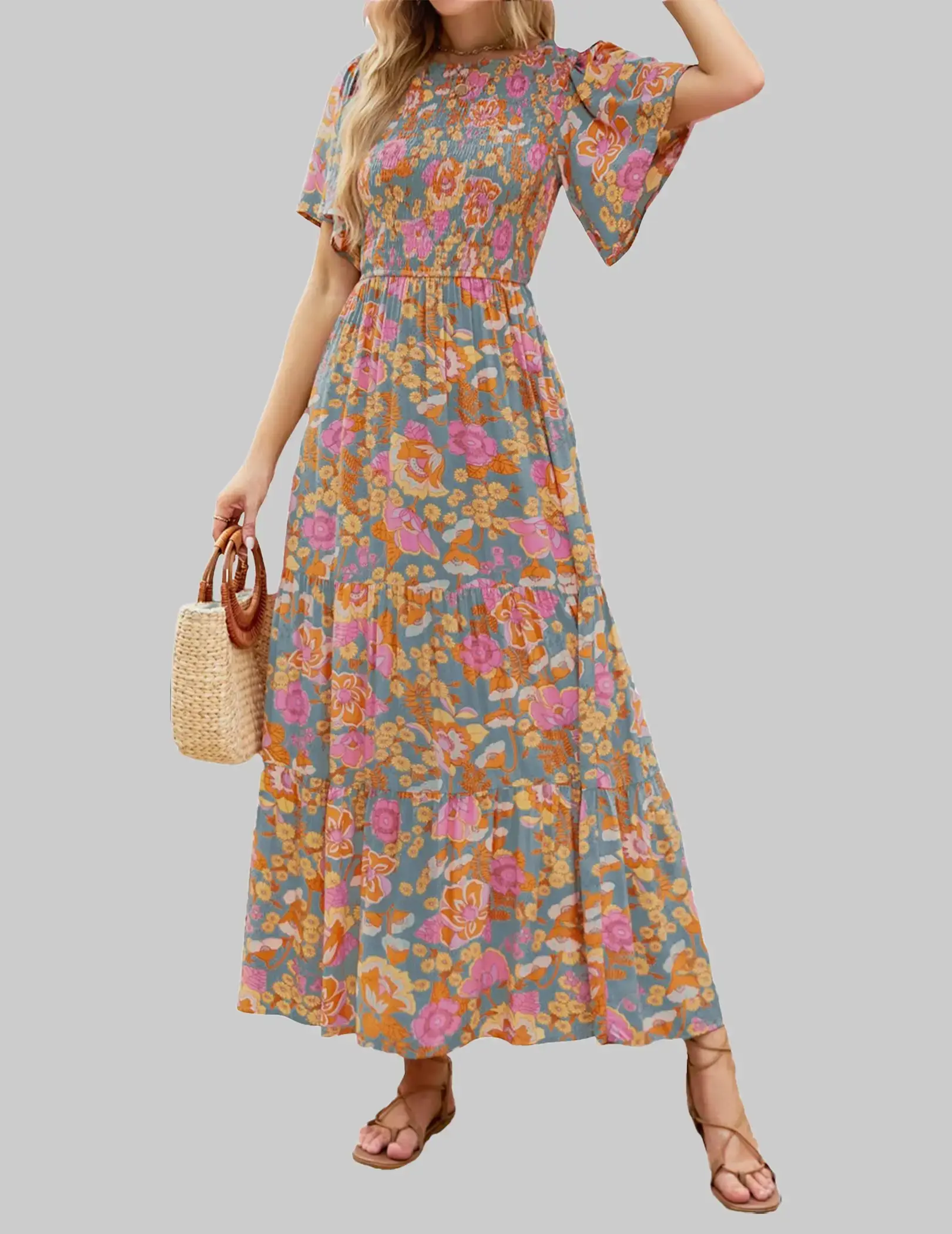 Zeagoo Live Women's 2026 Summer Casual Dress Floral Print Short Flutter Sleeve Crew Neck Smocked High Waist Flowy Maxi summerwins Style Bohemian
