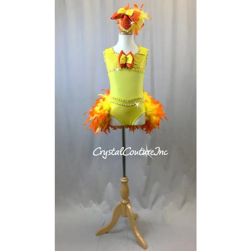 Yellow Lycra & Sheer Leotard with Orange/Yellow Feather Bustle - Swarovski Rhinestones