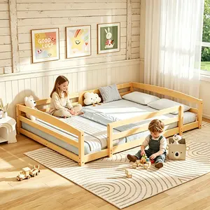 #Summervibes Naudacaa Twin / Full Toddler Bed with Rails, Low Montessori Floor Bed Frame for Kids w/ 2 Openings, Solid Wooden Floor Beds for Girls and Boys, CPC Certified