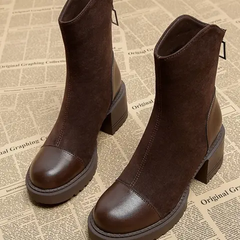 Women's Thick Sole Platform Short Boots, Western Fashion Boots, Rodeo Western Boots, Side Zipper Boot, Boots with Zipper, Fall Winter Trendy Horse Boot Chunky Heel, Versatile, Stylish and Comfortable, Footwear, PU Leather Boots, Cowgirl Booties