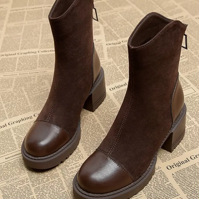 Women's Thick Sole Platform Short Boots, Western Fashion Boots, Rodeo Western Boots, Side Zipper Boot, Boots with Zipper, Fall Winter Trendy Horse Boot Chunky Heel, Versatile, Stylish and Comfortable, Footwear, PU Leather Boots, Cowgirl Booties