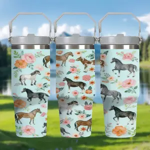 1pc 17oz/17.5oz/20oz/22oz/26oz/30oz/30.5oz/32oz/33oz/40oz Tumbler , Cute Floral Horse Insulated Stainless Tumbler Coffee Cups Water Bottle CoffeeTravel,Horses Gifts for Women Horse Lovers Girls，Suitable for gifts to relatives and friends