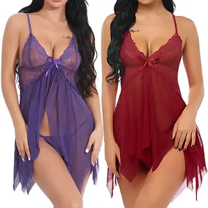 ROSEMUSE Women Plus Size Lingerie Babydoll Dress Lace Chemise Sleepwear Mesh Nightgown with Thong V Floral Sexy night gown women Soft Womenswear   Curvy Black Fabric night gown for women