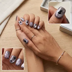 10 pieces of medium-sized handmade fake nails, high-end and elegant handcrafted nail art with a purple starry sky cat theme for short cat-eye style. Party series of pure handmade wearable fake nails. glossy minimalist