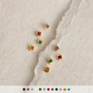 Square Bezel Birthstone Flatback Studs by Caitlyn Minimalist - Custom Gemstone Stud Earrings - Crystal Jewelry - Gift for Her