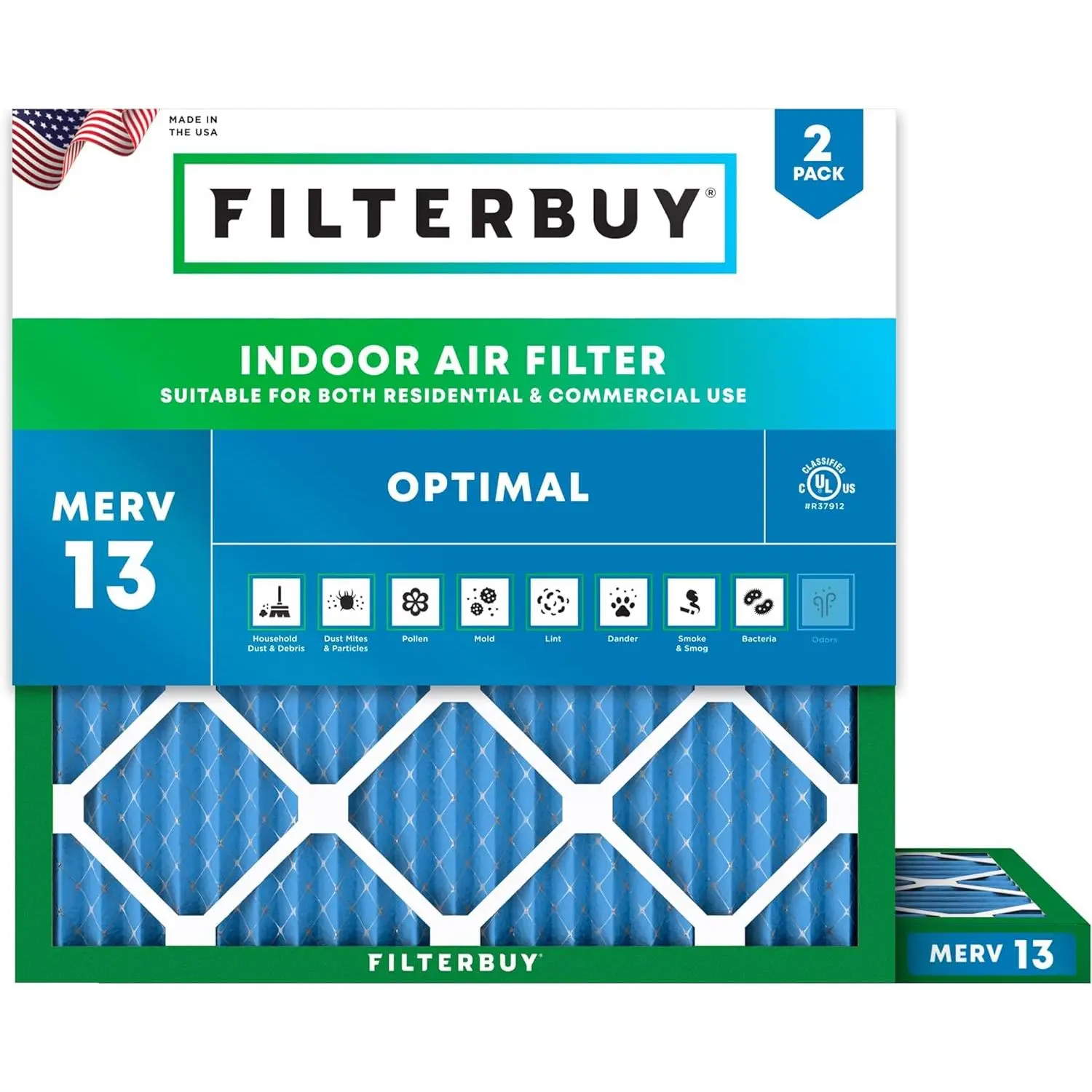 New Household Eco-Friendly Electrostatically Charged HVAC AC Furnace Air Filter (2-Pack), 11.25x11.25x1 in Synthetic Polypro Pleated, MERV 13 Rating Optimal Defense, Endures Temperatures Up to 200°F, Respiratory Care (Actual Size: 11.25x11.25x1.00in)