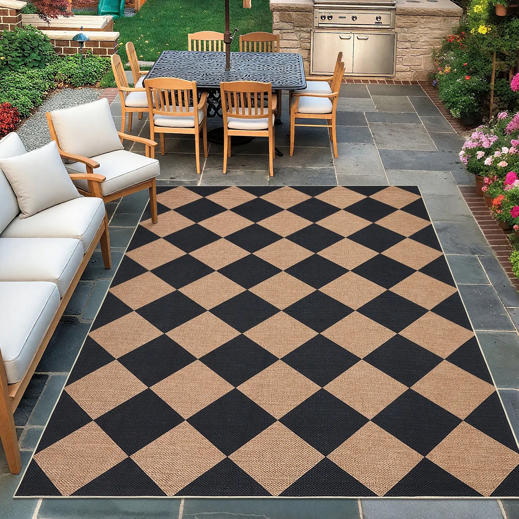 Modern Plaid Geometric Jute Rug - Low Pile, Washable, Foldable, UV Protected, Easy to Clean - Indoor/Outdoor for Bedroom, Living Room, Terrace, Geometric Rug