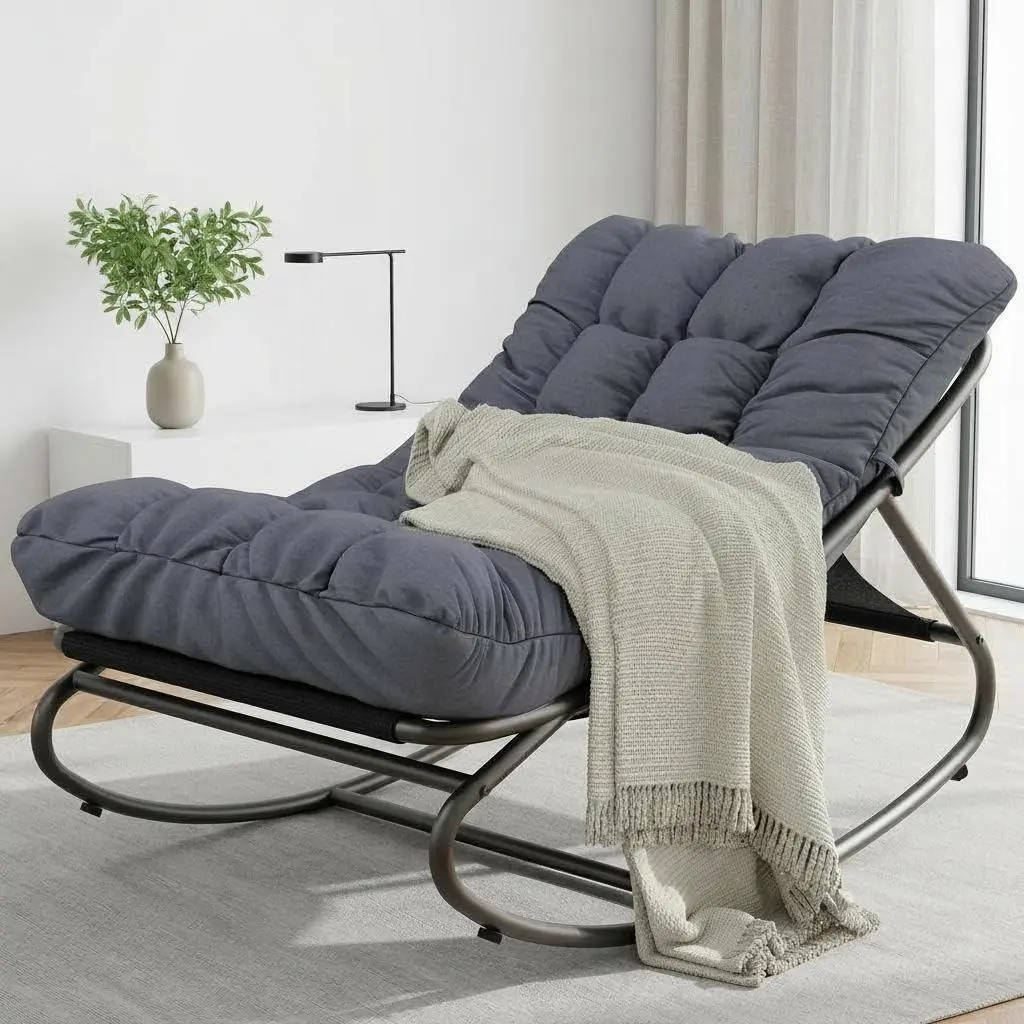 Outdoor Rocking Chair with Thick Cushion – Adjustable Papasan, Waterproof Comfortable Cushion, 450 LBS Capacity for Patio, Porch & Garden, Dark Grey