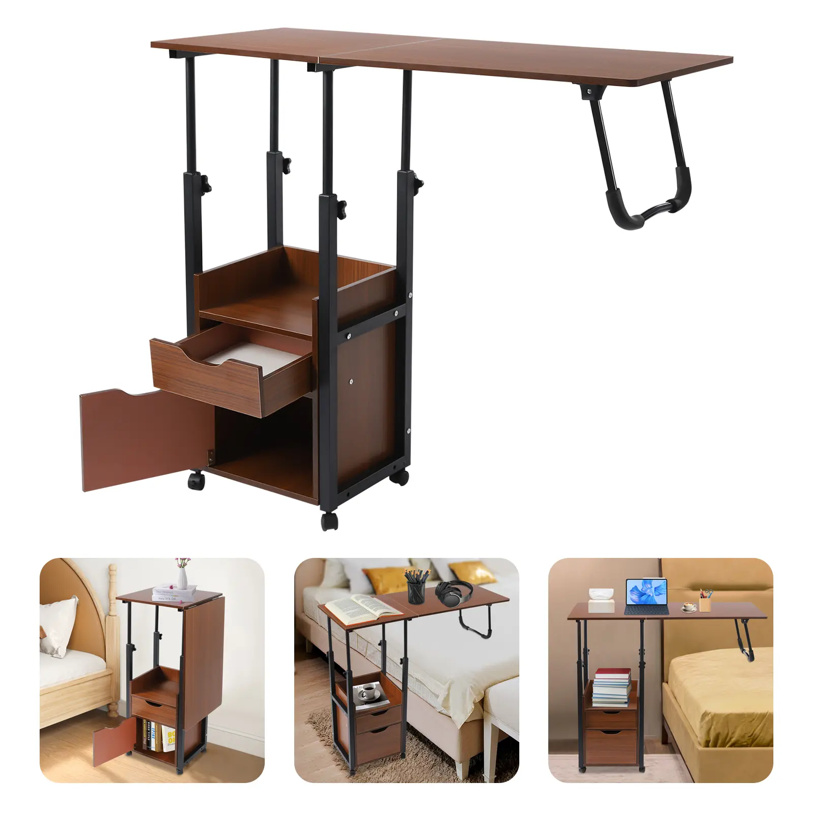 Brushed Black Oak & Black Frame Wheeled Nightstand with Drawers - Multi-Function, Adjustable, Foldable Cabinet-Equipped Modern Minimalist Furniture for Small Spaces, Wheeled Bedside Table, Study Computer Desk