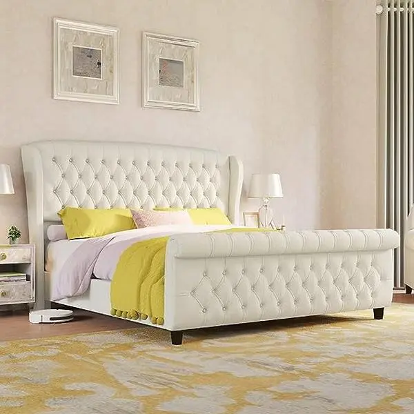 [Summerwins] [SummerFinds] AMERLIFE Chenille Upholstered Sleigh Bed with Curved Headboard & Footboard, Deep Button Tufted, Wood Slats Support, No Box Spring Needed