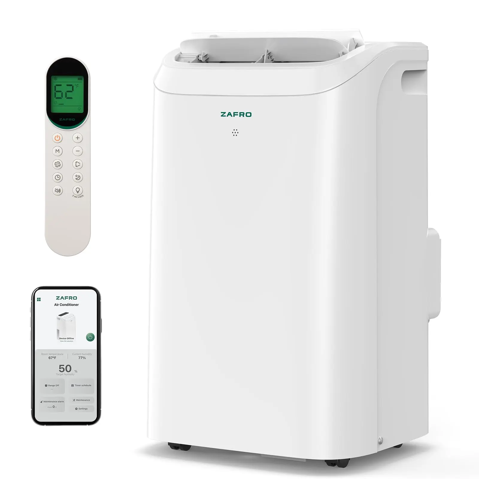 ZAFRO (44dB) 10K/12K/14K BTU（6K/8K/10K SACC) Portable Air Conditioners with WiFi, Ultra-Quiet, R32 Eco-Friendly,Fast Cooling in 30s, No Drainage Needed, Filter Cleaning Reminder, 360° Wheels for Home/Office