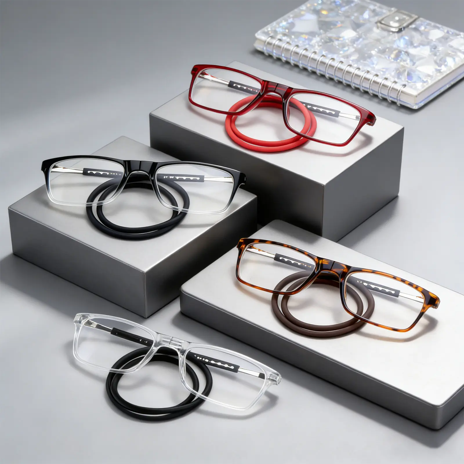4 pairs of foldable magnetic anti-loss glasses come with neck straps and extendable legs. They have a magnification range of (0 - 6.0), are anti-slip for reading, and block blue light. Ideal gift for Mother's Day.