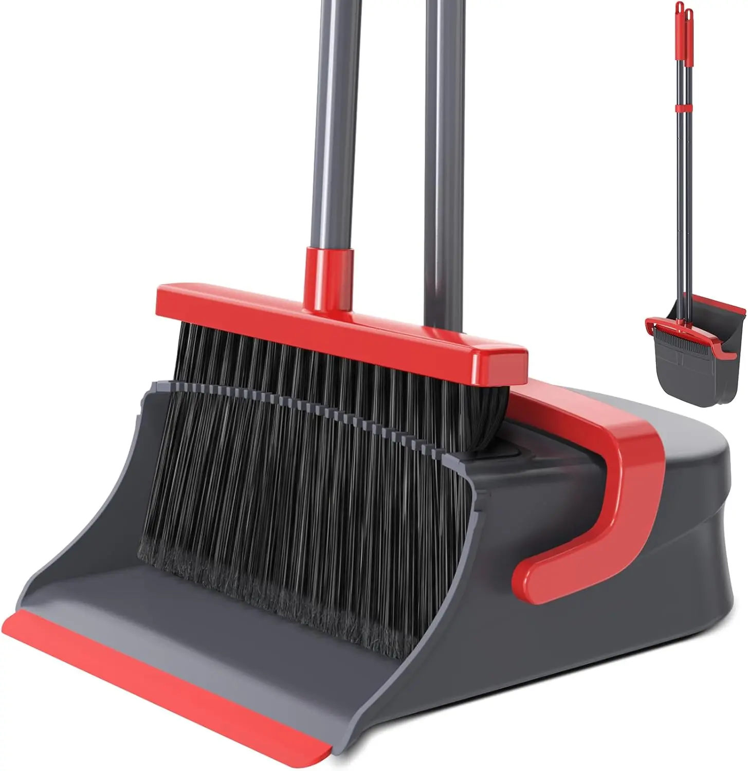 Broom with Dustpan Combo Set, Long Handle Upright Standing Self-Cleaning Broom and Dustpan Set for Pet Hair & Dust Cleanup, Indoor Outdoor Use for Home, Kitchen, Office, Red & Gray