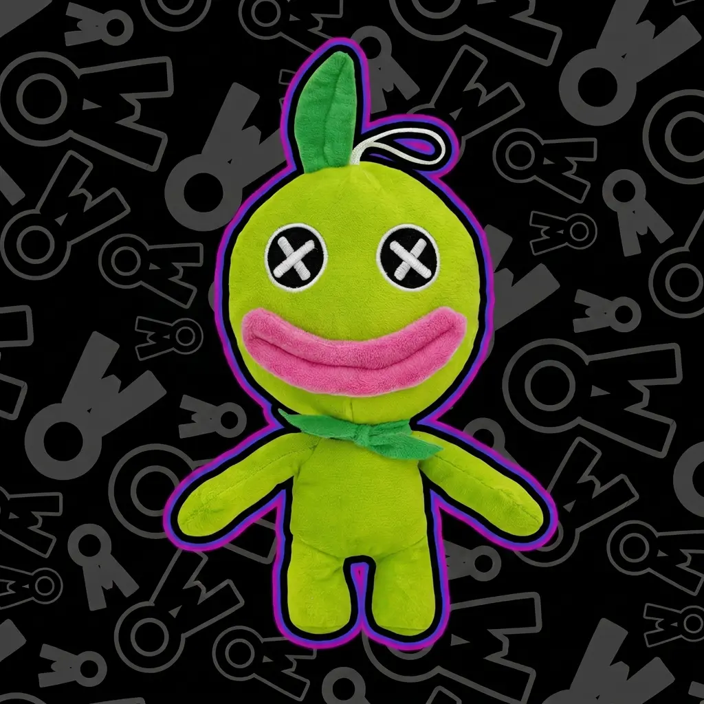 Soft Green Monster Plush Toy with Cross Eyes, Oversized Pink Smile, Leaf Detail and Hanging Loop, Cute Stuffed Doll for Room Decor, Birthdays and Holiday Gifts