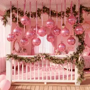 14-Piece Pink Round Aluminum Foil Balloon Set, 4d Metallic Balloon Set With Pink Satin Ribbon, For Ceiling Christmas Decorations, New Year'S, Birthday, Anniversary, And Wedding Party Decorations, Balloon Arch Decoration
