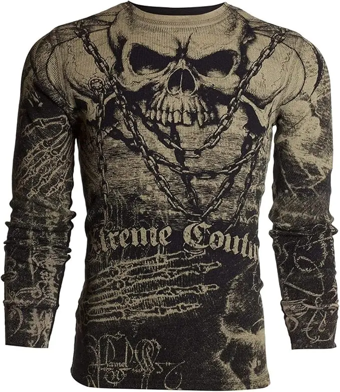 Xtreme Couture by Affliction Mens' Long Sleeve Thermal Shirt Killer Crewneck Black/Tan - DARKER SIDE Biker MMA S-2X