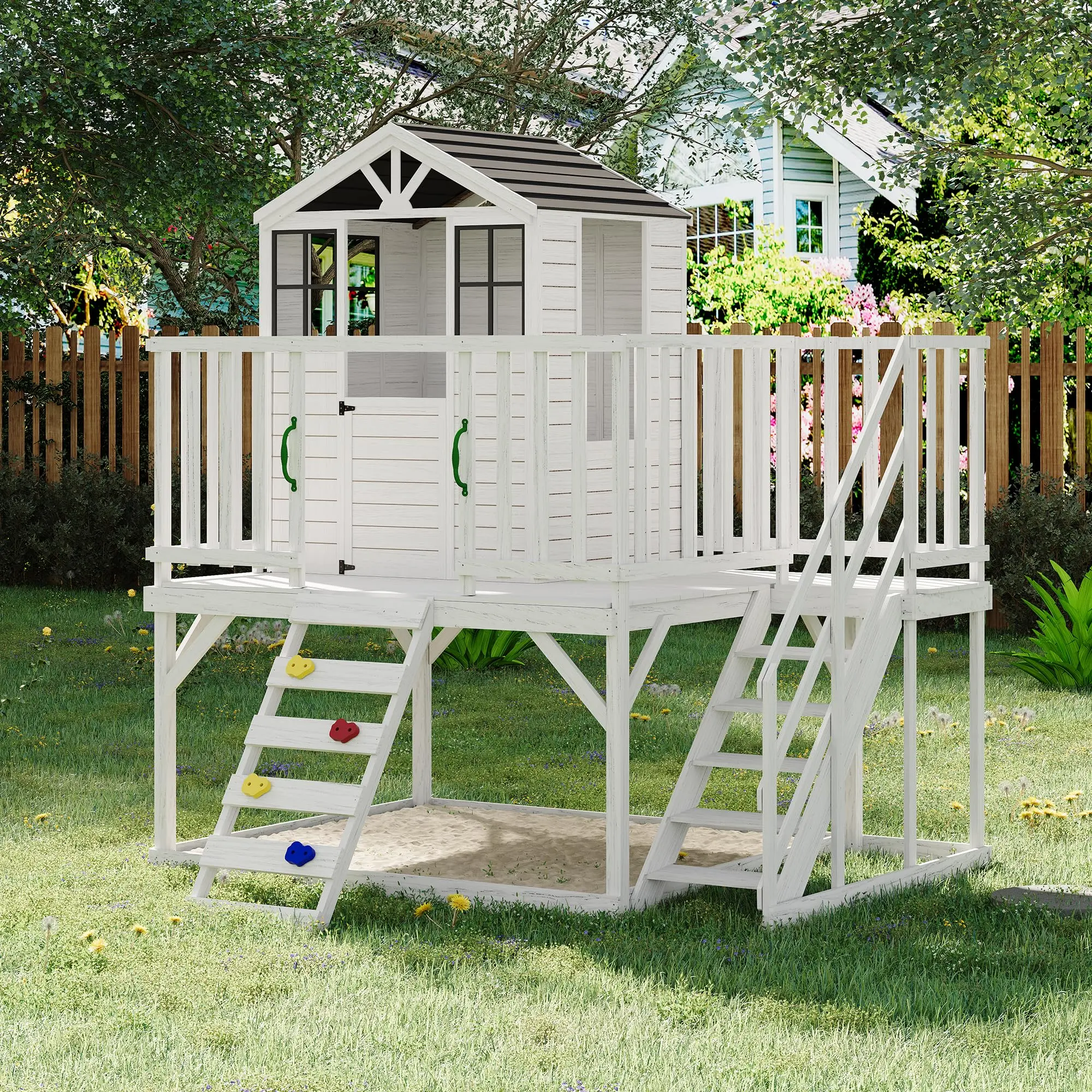 2-Story Wooden Playhouse with Climbing Wall & Step Ladder – Elevated Modern Cedar Kids' Playhouse