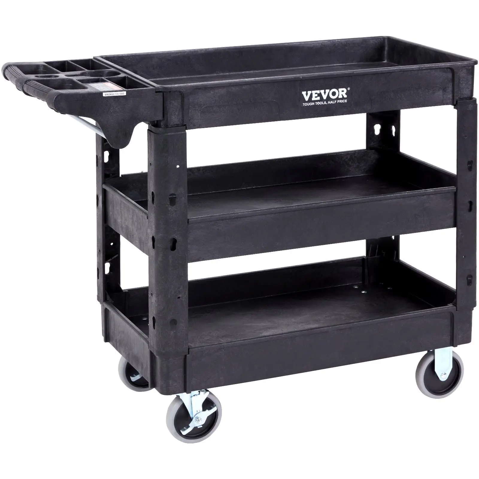 VEVOR Heavy-Duty Plastic Polypropylene Rectangle Utility Service Cart, 3-Shelf Home Organizer with 550LBS Capacity, 360° Swivel Transport Wheels (2 with Brakes), Medium Lipped Shelves, Ergonomic Handle, for Warehouse/Garage, Storage Holders & Racks, Synth