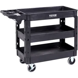 VEVOR Utility Service Cart, TikTokShopBlackFriday, 3 Shelf 550LBS Heavy Duty Plastic Rolling Utility Cart with 360° Swivel Wheels (2 with Brakes), Medium Lipped Shelf, Ergonomic Storage Handle for Warehouse/Garage/Cleaning