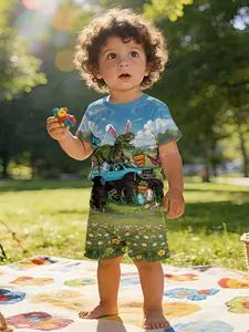 Super cute Easter dinosaur monster truck printed short-sleeve set for infants and toddlers, casual kids' clothing, Clothes Kids, suitable for daily and outdoor sports. The T-shirt is made of 100% polyester, a perfect gift for infants and toddlers!