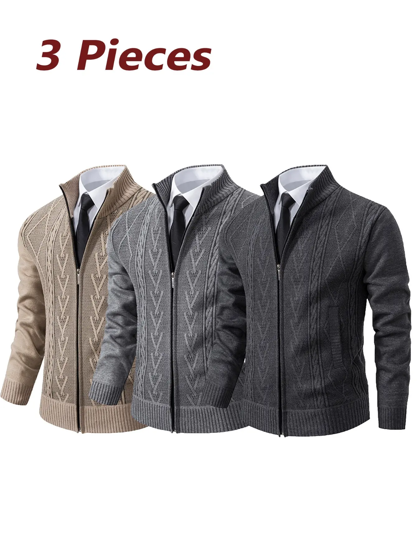 3-Pack Men's Stand Collar Zip Knit Sweaters, Long Sleeve, Anti-Pilling Fabric, Warm & Comfortable, Classic Houndstooth Design, Fall Winter Casual Wear