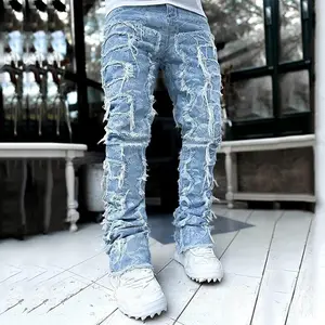 Men's layered patterned jeans straight leg patch jeans slim fit pants streetwear