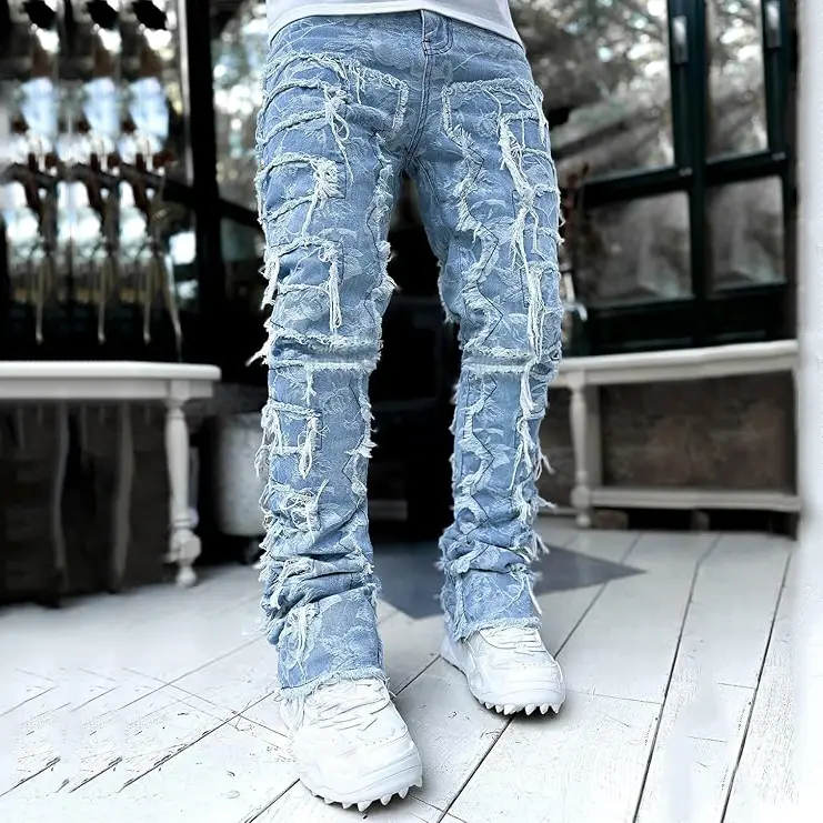Men's Classic Punk Polyester-Cotton Slim-Fit Straight-Leg Ripped Jeans with Layered Patterns, Pockets, Soft Stretch Streetwear Menswear Bottoms, Sneakers, Shirt