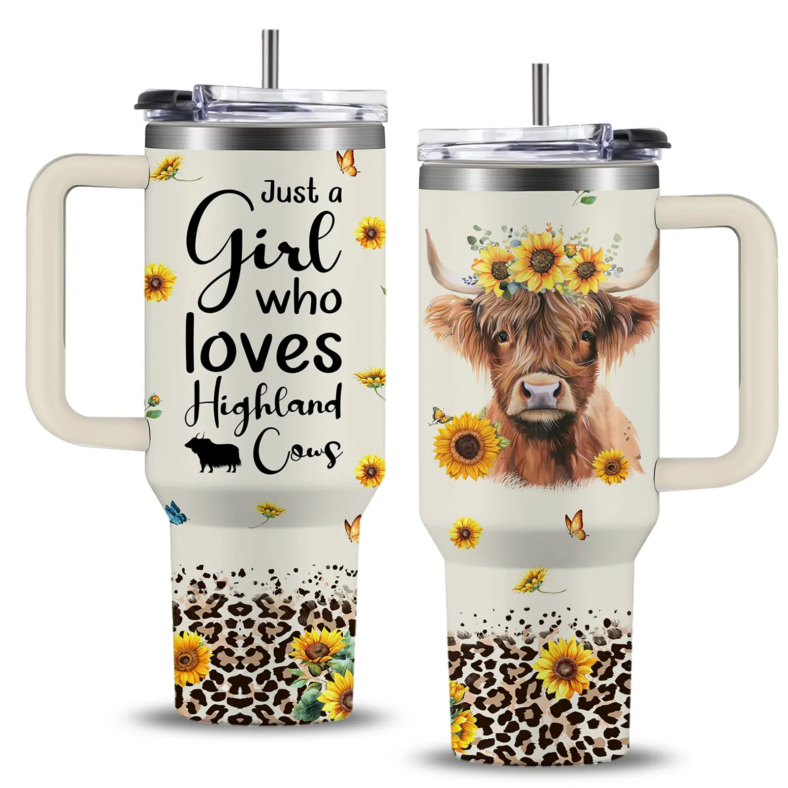 40oz Highland Cow Portable Stainless Steel Insulated Vacuum Flask - Sturdy, Leakproof Drink Tumbler with Transparent Straw, Handle, Lid, Casual Rustic Farm Animal Design for Adults, Birthday Gift