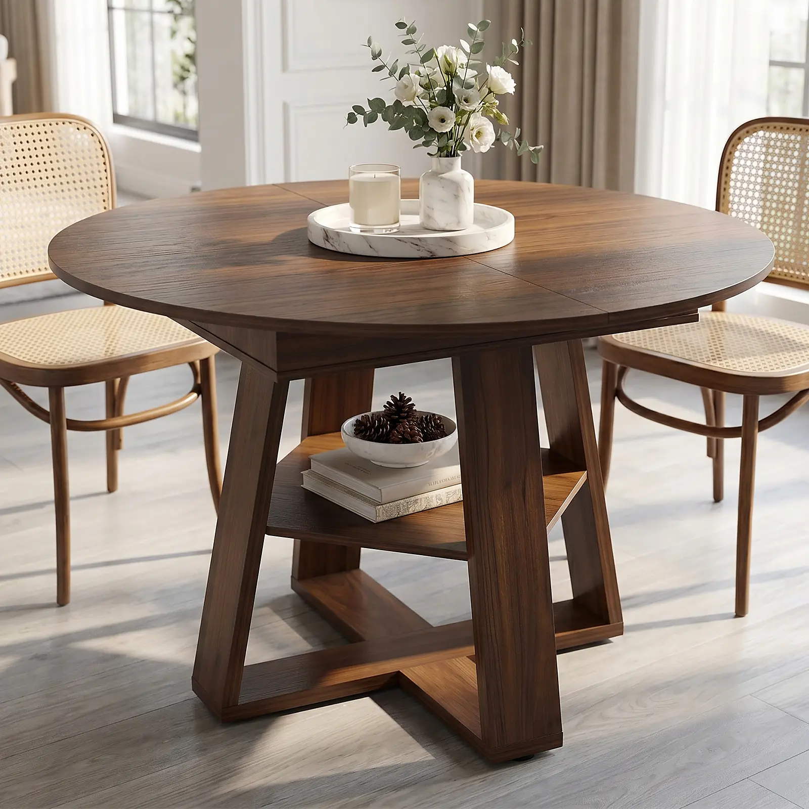 Extendable Dining Table 43.3 to 51.1 Inch – Round to Oval Drop Leaf with Storage Pedestal – Seats 4-6 for Kitchen & Dining Room