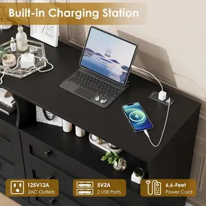 Modern Black 6-Drawer MDF Dresser with Cabinet Storage - Power Outlet, USB Charging Ports, Multi-Color LED Lights, Scratch-Resistant Surface, Anti-Tip Safety Feature, Spacious Storage for Bedroom, Living Room, Cupboard