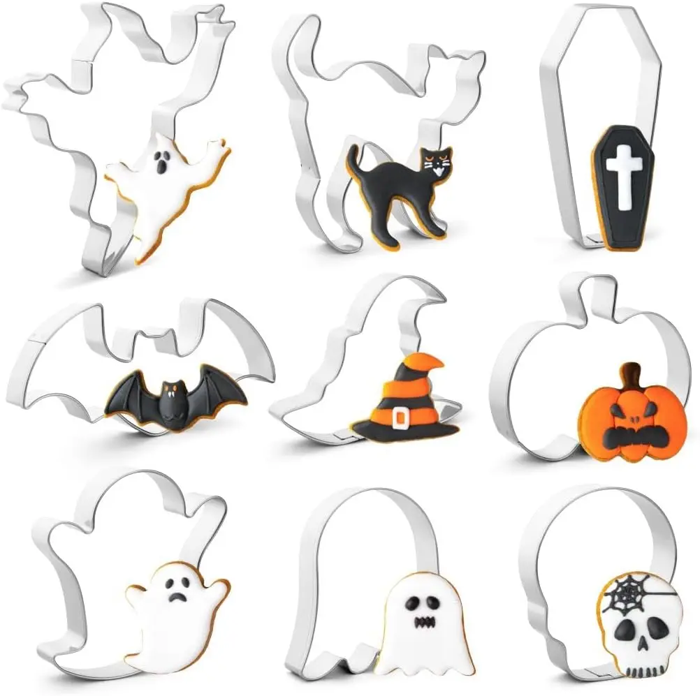 9 Piece Halloween Cookie Cutters Set,Stainless Steel Metal Halloween Cookie Cutters Shapes - Pumpkin, Ghosts, Bat, Black Cat, Witch's Hat, Skull, Coffin, 1, Silver