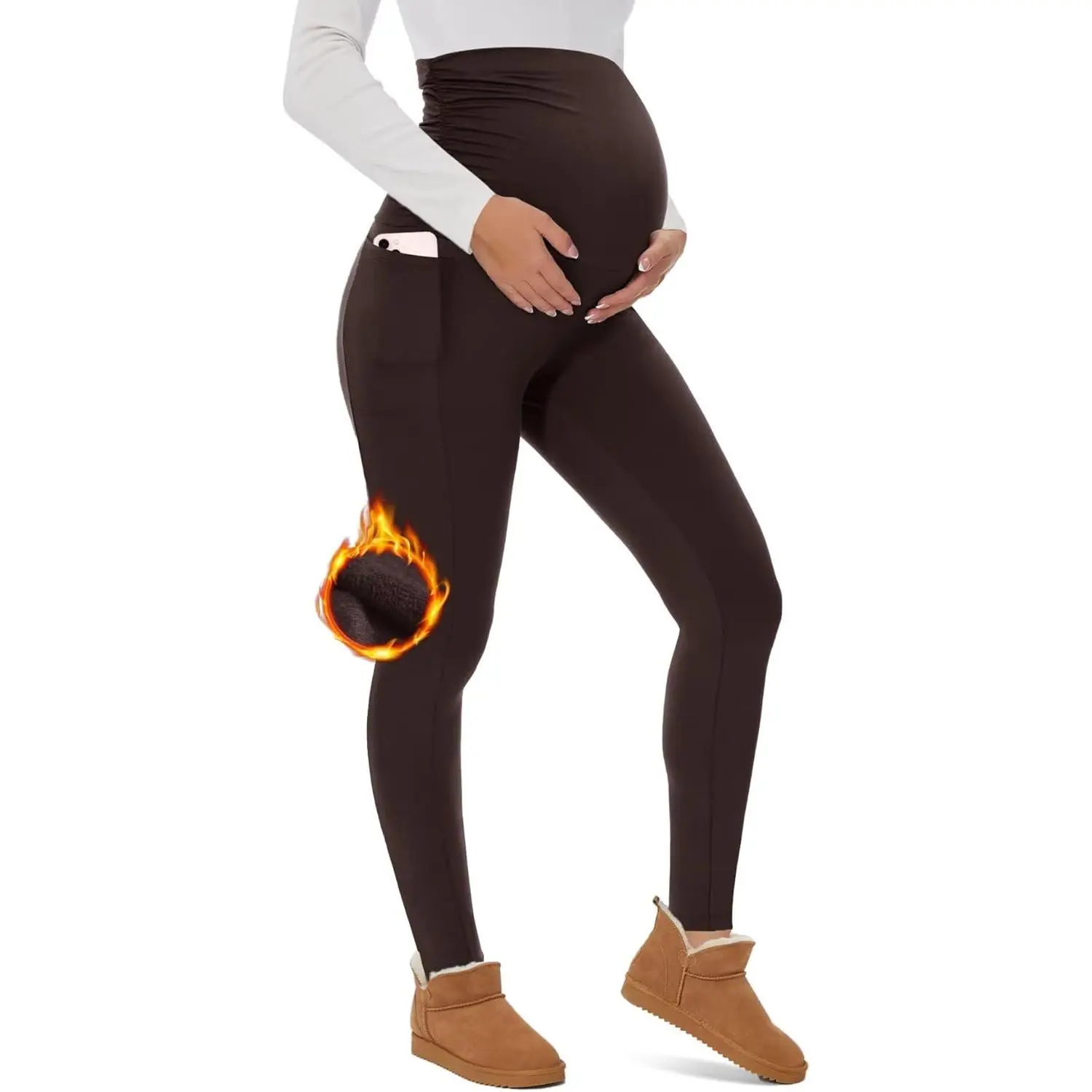 Maternity Fleece Lined Leggings with Pockets Over Belly,Thermal Womens Pregnancy Workout Pants Warm Winter
