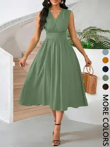 1 Minimalist Sleeveless Lady Dress, Textured Fabric & Ruched Waist, Comfortable for Office Wear & Summer Events